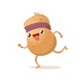 Cartoon funky potato character running or jogging isolated on white background. Cute sporty vegetable character making Royalty Free Stock Photo