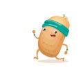 Cartoon funky potato character running or jogging isolated on white background. Cute sporty vegetable character making Royalty Free Stock Photo