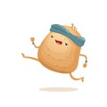 Cartoon funky potato character running or jogging isolated on white background. Cute sporty vegetable character making Royalty Free Stock Photo