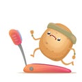 Cartoon funky potato character running or jogging on treadmill isolated on white background. Cute sporty vegetable Royalty Free Stock Photo