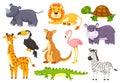 Cartoon funny african animals, wild safari animal. Cute zebra, rhino, flamingo, giraffe, crocodile, kangaroo, lion
