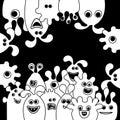 Cartoon Funny alien monsters. Black and white . Copy space for text