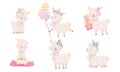 Cartoon Funny Alpaca or Lama Character Wearing Floral Wreath Carrying Gift Boxes and Sitting in Yoga Pose Vector Set Royalty Free Stock Photo