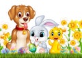 Cartoon funny animals and Easter eggs on green grass