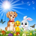 Cartoon funny animals with nature Easter background