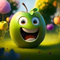 Cartoon funny apple fruits characters, in summer garden. Ai generated