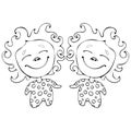 Cartoon funny babes twins for coloring book isolated on white background, vector black and white hand drawing, monochrome