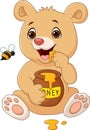 Cartoon funny baby bear holding honey pot isolated on white background Royalty Free Stock Photo