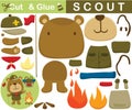 Cartoon of funny bear the boy scout with bonfire and backpack. Education paper game for children. Cutout and gluing Royalty Free Stock Photo