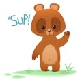 Cartoon funny bear character waving hand and saying `Sup`. Vector illustration. Royalty Free Stock Photo