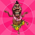 Cartoon funny black papuan guy dancing on a pink background