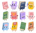 Cartoon funny books characters. Cute kids mascots with different emotions, various genres literary volumes, smiling