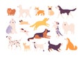 Cartoon funny breed dogs in poses, dalmatian, corgi and bulldog. Sitting, standing and jumping pet. Labrador, samoyed