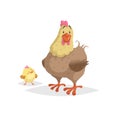 Cartoon funny brown hen with little yellow chicken. Comic trendy flat style with simple gradients. Mother and family vector illust