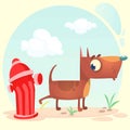 Cartoon funny brown pitbull dog pees on hydrant. Vector illustration.