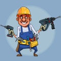 Cartoon funny builder with tools on circle background