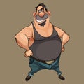 Cartoon funny character smiling potbellied man in jeans Royalty Free Stock Photo