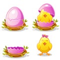 Cartoon funny chicken and pink egg in a nest Royalty Free Stock Photo