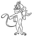 Cartoon funny chimpanzee monkey waving hand and presenting outlines. Vector illustration on monkey mascot isolated line art. Royalty Free Stock Photo