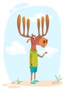 Cartoon funny cool elk moose wearing summer clothes on simple background. Vector illustration
