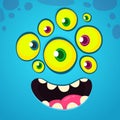 Cartoon funny and cool face with many eyes. Vector Halloween blue monster avatar with wide smile