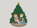 cartoon funny couple messing around with cute corgi dog with red bow on neck sitting together near christmas tree at home on