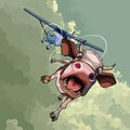 Cartoon funny cow transported by air by plane Royalty Free Stock Photo