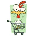 Cartoon funny crazy chicken in supermarket cart Royalty Free Stock Photo