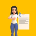 Cartoon funny cute girl in a white T-shirt and jeans with a piece of paper and a paperclip on a yellow background