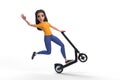 Cartoon funny cute girl in a yellow T-shirt and jeans rides electric scooter, makes extreme tricks on a white background