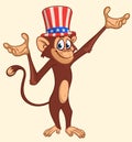 Cartoon funny and cute monkey wearing Amirican uncle Sam hat on USA Independence Day