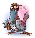 Cartoon funny cute postal pigeon with letter