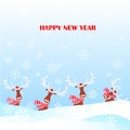 Cartoon funny, cute reindeer in red striped scarf, hat with white horns, snow, snowflax Happy New Royalty Free Stock Photo
