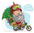 Cartoon funny cute santa claus driving a motorbike Royalty Free Stock Photo