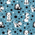 Cartoon funny cute seamless pattern with a dog on background dots. For printing baby textile, fabrics, design, decor Royalty Free Stock Photo