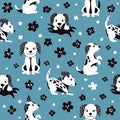 Cartoon funny cute seamless pattern with a dog on background flowers. For printing baby textile, fabrics, design, decor Royalty Free Stock Photo