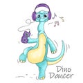 Cartoon funny dancing dinosaur with headphones and player