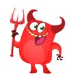 Cartoon funny devil laughing and holding a trident. Vector illustration for Halloween