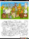 Cartoon funny dogs and cats group coloring book page Royalty Free Stock Photo