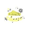 Cartoon funny drawing piece of cheese, text. Vector drawing on white background with decorative elements in flat Royalty Free Stock Photo