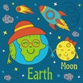 Cartoon funny Earth with Moon