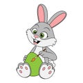 Cartoon funny Easter Rabbit sitting and painting brush an egg. Funny character Hare. Template for celebration, greeting card Royalty Free Stock Photo