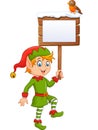 Cartoon funny elf boy holding blank sign with robin bird Royalty Free Stock Photo