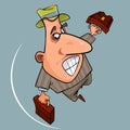 Cartoon funny emotional man in hat jumps with two briefcases