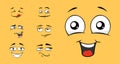 Cartoon funny face set. Big eyes and laughter emotion collection. Different expressive cute emoticons on yellow Royalty Free Stock Photo