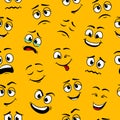 Cartoon funny faces pattern. Seamless pattern with cartoon funny faces. Smiley background. Happy emoticon on yellow background.