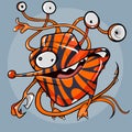 Cartoon fantastic creature of tiger color with many eyes