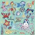 Cartoon Funny Fish, Sea Life background.Pastel Doodle set