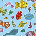 Cartoon Funny Fish, Sea Life seamless pattern.Doodle set Royalty Free Stock Photo