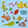 Cartoon Funny Fish, Sea Life stickers.Colored Doodle set Royalty Free Stock Photo